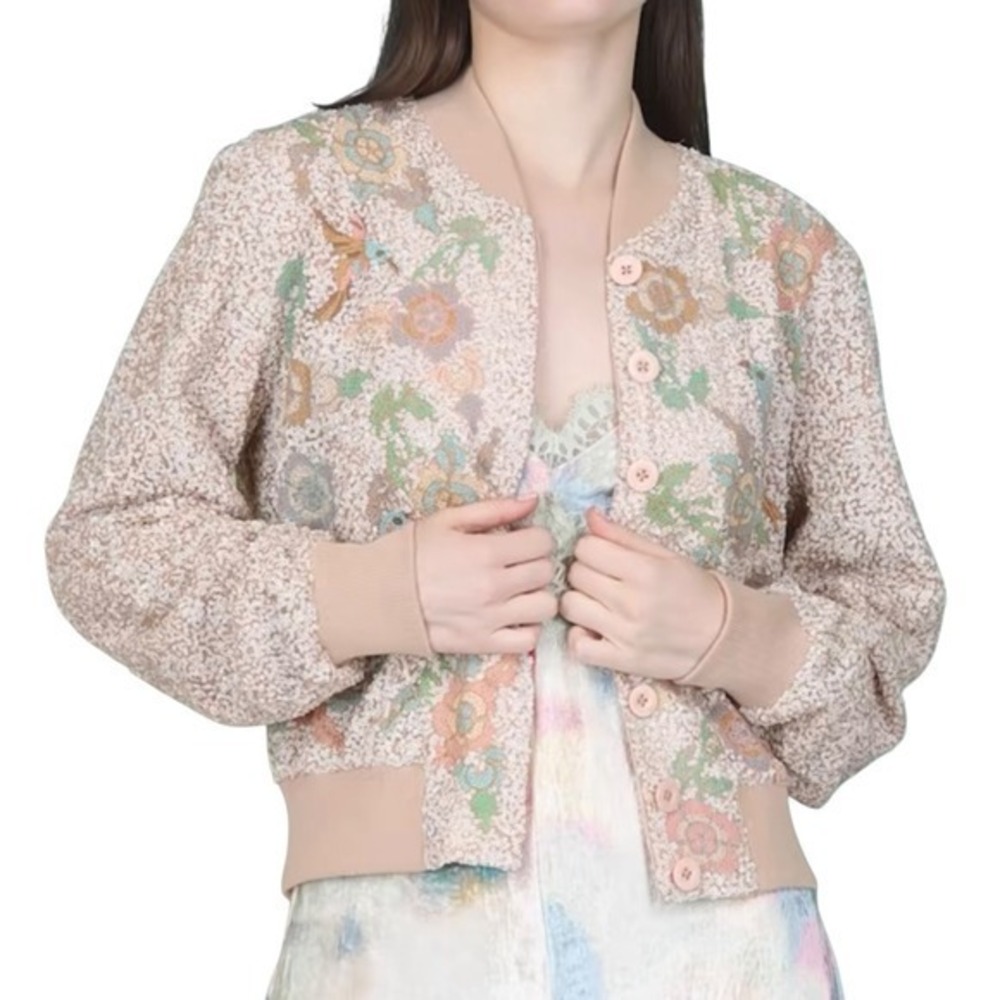 Anthropologie Bl^nk London Embroidered Bomber Jacket Sequins Soft Pink Sz S Boho